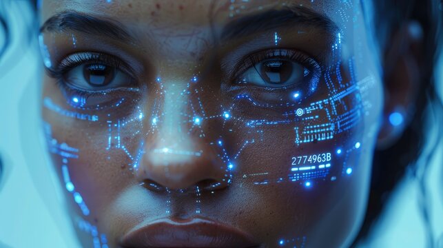 A detailed shot of an African American woman's face with digital lines and dots overlay, creating the illusion that she is being analyzed in the style of AI technology