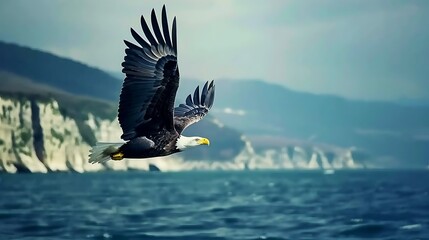 Fototapeta premium Eagle Soaring Majestically Over Rugged Mountain Peaks, Symbolizing Freedom, Power, and Natural Beauty in the Wilderness