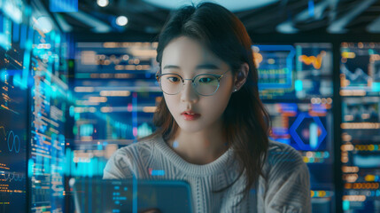 A female asian software developer in glasses is looking at her tablet screen with code on it