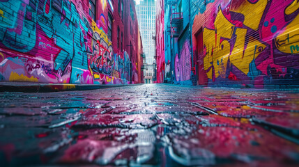 Street art displayed in vibrant and colorful graffiti covering an entire alley during the daytime.