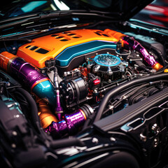Close-up shot of a modified engine bay with vibrant colors,