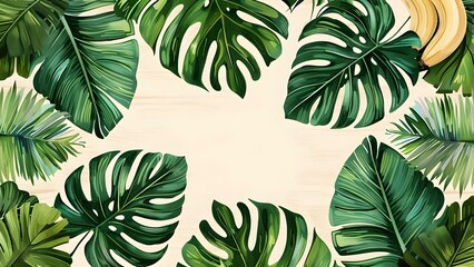 Obraz premium Tropical Botanical Pattern with Hand-drawn Palm Leaves, Monstera, and Banana Leaves. Concept Botanical Patterns, Tropical Theme, Hand-drawn Illustrations, Palm Leaves, Monstera Leaves, Banana Leaves