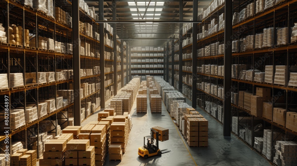 Poster smart warehouse worker or operator driving forklift and lifted product surrounded with box at storag