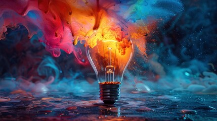 Creative colorful light bulb with a flying splash of paint on a dark blue background