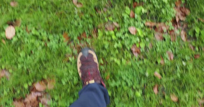 雨の日に新緑の公園で散策する男性の足の様子