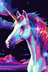 Merge the enchanting presence of a Unicorn with the psychological concept of Hope in a pixel art composition Implement innovative lighting techniques to infuse a sense of magic and optimism into the s