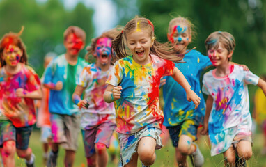 A group of children were running in the park, smiling and covered with colorful paint on their faces during an outdoor holi race
