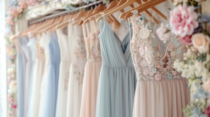 A collection of pastel-colored bridesmaid dresses on display with elegant floral decorations in a boutique setting