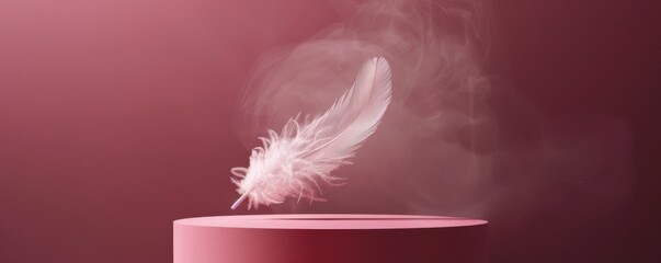 Serene Elegance: Single Delicate Feather on Minimalist Pale Pink Podium, with Ethereal Smoky Background