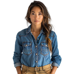 Front view mid shot of a sophisticated Asian female model rocking a classic denim shirt and khaki cargo pants, isolated on a white transparent background