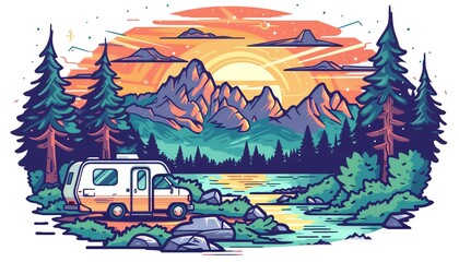 Craft a colored pencil artwork showcasing wilderness camping with a pixel art twist Explore unexplored camera angles to depict futuristic technologies integrated into the serene natural landscape, off