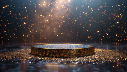A circular podium on the water, shimmering with golden light and surrounded by starry sky particle effects. Created with Ai