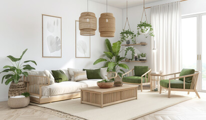 A bright and airy living room with white walls, wooden furniture, green accents, plants, posters on the wall, lamps, a hanging chair, neutral color palette, natural light, cozy feel, and space for rel