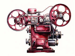 Fototapeta premium Watercolor painting of A red, old-fashioned movie projector with a white background