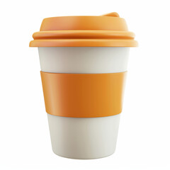 A white paper coffee cup with an orange lid and an orange band around the middle.