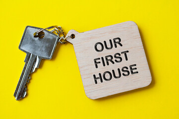 Our first house text engraved on wooden key chain