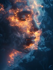 A captivating portrayal of a woman's face surrounded by intense flames and smoke, symbolizing power and mystery
