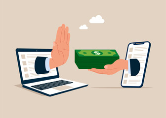 Hand giving businessman money. Hand refuse to take illegal money. Stop corruption, anti bribery. Flat vector illustration
