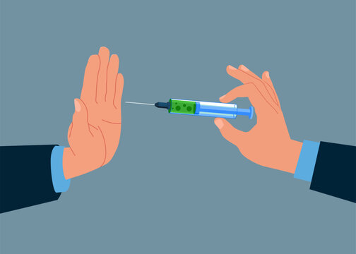 International Day against Drug Abuse and Illicit Trafficking. Drug addiction and refused hand. Hand offers drug to person refuses vector illustration.