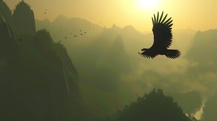 Eagle Soaring Majestically Over Mountain Peaks in Glorious Flight, Symbolizing Freedom and Power in Nature's Splendor.