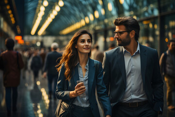 Businessman and woman walking together side by side - Powered by Adobe