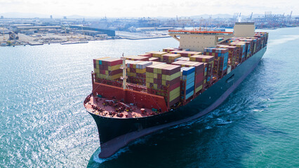 Front view Cargo Container ship the ocean ship carrying container and running for import export...