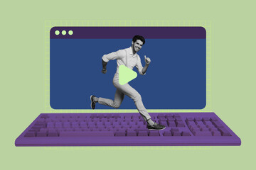 Composite photo collage of happy businessman run computer keyboard device wireless tool interface...