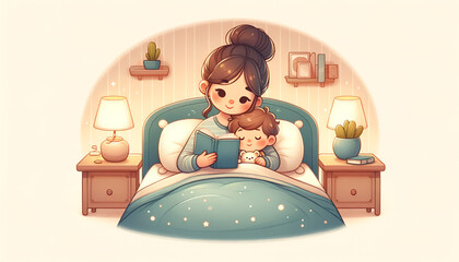 a mother reading a bedtime story to her child, who is drifting off to sleep under a cozy blanket.