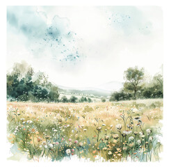 Soft watercolor landscape with daisies and a cloudy sky