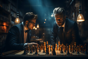 Businessman intesnely focused on a chess match. Strategy concept
