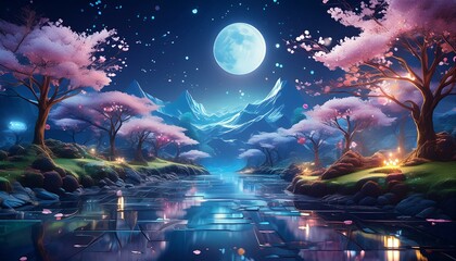 Fototapeta premium 透き通るような綺麗なガラスのようなスタイル、夜桜がひらひらと舞い上がる、輝きに満ちた月、幻想的な水流のイラスト generated by AI