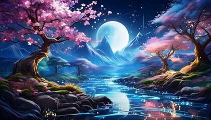 Obraz premium 透き通るような綺麗なガラスのようなスタイル、夜桜がひらひらと舞い上がる、輝きに満ちた月、幻想的な水流のイラスト generated by AI