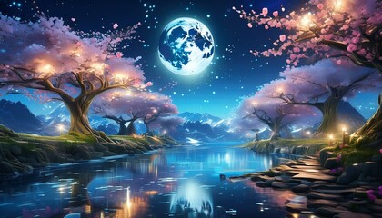 透き通るような綺麗なガラスのようなスタイル、夜桜がひらひらと舞い上がる、輝きに満ちた月、幻想的な水流のイラスト generated by AI