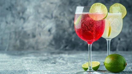 Closeup of two cocktails in wine glasses red and white decorated with lime slices. On a gray background