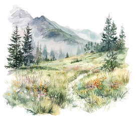 Watercolor mountain scene with forest and flowers