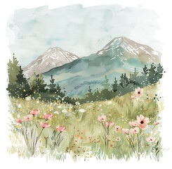 Majestic mountains in watercolor with foreground flowers