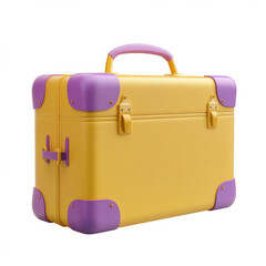 A yellow suitcase with purple accents.