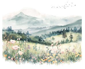 Watercolor view with flowers and distant mountains