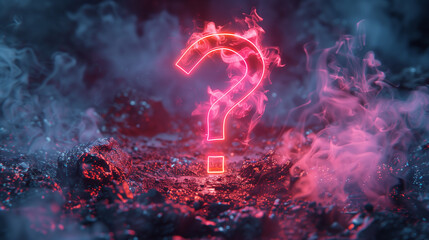 A neon, glowing pink question mark, black background