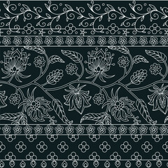 Floral seamless border pattern with indian trailing flowers motifs. Persian boho chic repeat background. Tribal monochrome textile print.