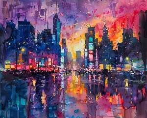 A detailed watercolor painting of a cityscape at dusk, with colorful lights and urban elements creating a lively background