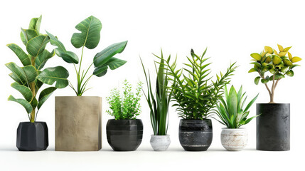 Home plants in pots on beige background with copy space for your advertisement text or logo, Plants store, green interior details, Potted plants sale, 3d rendering,group of different plants in pots