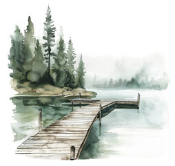 Misty lake with dock in watercolor technique