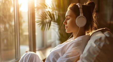 A woman in white relaxing with headphones on, lying back and enjoying music in the style of by the window