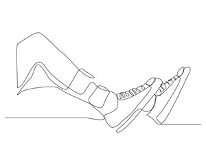 Continuous single line drawing of foot wearing casual sneakers shoes. One line art of sport shoes vector illustration