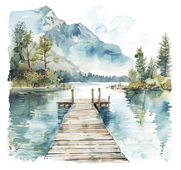 Mountain View from a Lake's Wooden Dock
