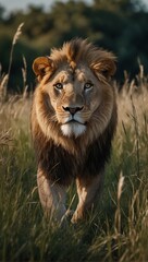 Fototapeta premium majestic lion on the hunt for some prey in high grass, stock photo, background
