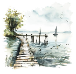 Sailboats Near Lake Dock Watercolor Painting