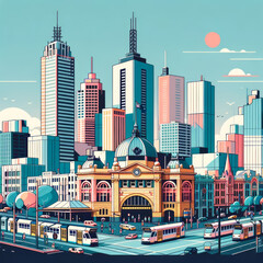 Obraz premium Melbourne Cityscape Vibrant Illustration