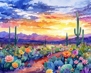 A vibrant watercolor illustration of a desert landscape at sunset, with colorful cacti flowers and natural desert elements